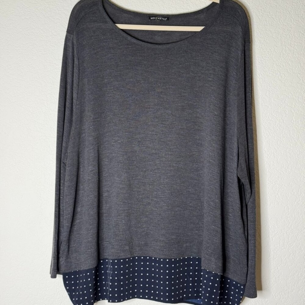 JCREW MERCANTILE Woman's 3X Plus sz Gray Sweater w/ Navy & White Dot Hem NWOT